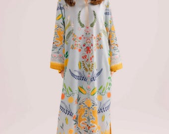 Printed Raw Silk Kaftan Artisan Dress with sleeves