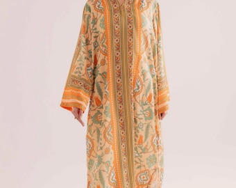 Printed Raw Silk Kaftan Artisan Maxi Women’s Pakistani Moroccan Robe Dress