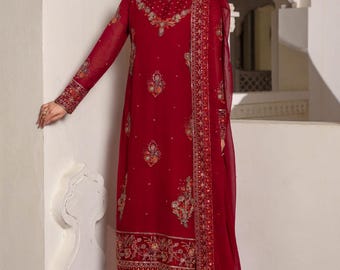 Formal red sequin embelished Embroidered Chiffon  Women's Pakistani clothing