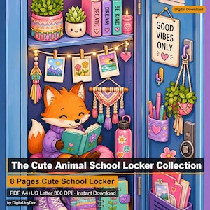 Animal School Locker Coloring Pages: 8 Kawaii Hobby Art Printables (Digital Download)