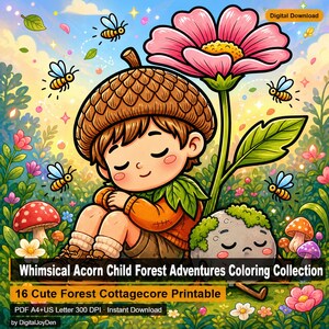 Puede incluir: Ilustración digital de un niño con un sombrero de bellota, descansando cerca de una gran flor rosa. La imagen presenta abejas, setas y el texto "Whimsical Acorn Child Forest Adventures Coloring Collection". Descarga digital.