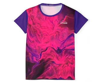 May include: A short-sleeved t-shirt with a vibrant abstract design in shades of pink, purple, and black. The shirt has a purple collar and sleeves. The text "VEREDG" is printed on the upper right side of the shirt.