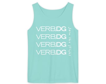 May include: A light teal tank top with the text "VERB.DG" repeated four times in white. The words "Join the Flight" are printed vertically on the right side of the tank top.