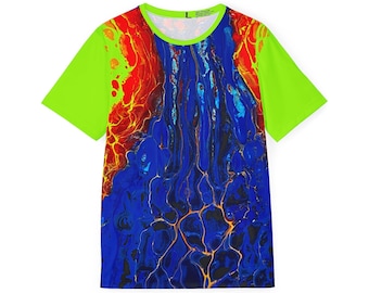 May include: A short-sleeved t-shirt with a vibrant abstract design. The shirt features a blue, red, and yellow pattern on the front, with neon green sleeves and collar trim. The overall design resembles a flowing, colorful artwork.