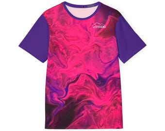 May include: A short-sleeved t-shirt with a vibrant pink and purple abstract pattern. The shirt has purple sleeves and a purple neckline. The brand name "VEREDG" is printed in white on the upper chest. This shirt is perfect for casual wear.