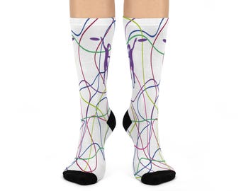 Socks - Supports Women's Disc Golf Growth Initiatives - Disc Golf Woman Purple and Neon Lines, Cushioned Crew Socks Disc Golf Socks