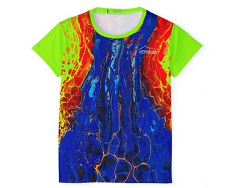 May include: A short-sleeved t-shirt with a vibrant abstract design. The shirt features a neon green collar and sleeves, with a colorful pattern of red, blue, and yellow. The text "VERBDG" is visible on the upper right side of the shirt.