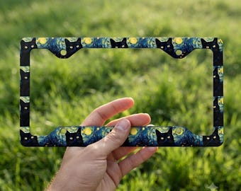 Cornice portatarga con gatto nero, decorazione per auto con gatto e notte stellata, targa estetica gotica, regalo per amanti dei gatti, cornice retrò Y2K, regalo divertente e carino per mamme di gatti