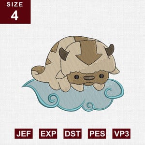 May include: An embroidery design featuring a beige, furry creature with a brown arrow marking on its head, resting on a light blue stylized cloud. The image includes the text SIZE 4 and file formats JEF, EXP, DST, PES, and VP3.