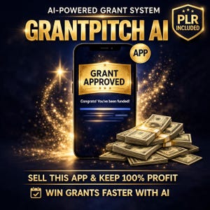 May include: A promotional image for the GrantPitch AI app, featuring a smartphone displaying a "Grant Approved" notification. Stacks of cash are visible, with text promoting the app and its benefits, including AI-powered grant assistance.