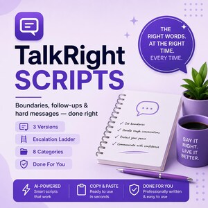 Può includere: Immagine promozionale per TalkRight Scripts, con un design viola e bianco. Include un taccuino, una penna, una tazza di caffè e una piccola pianta. Il testo include "TalkRight SCRIPTS" e "Le parole giuste. Al momento giusto. Ogni volta."