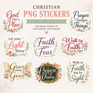 Puede incluir: Una colección de ocho pegatinas de temática cristiana con detalles florales y textos inspiradores como God Has a Plan, Prayer Changes Things, Let your Light Shine, Faith over Fear, Walk By Faith Not By Sight, Grace upon Grace y Purpose Driven.