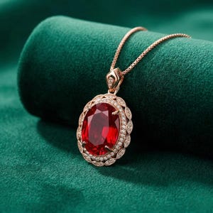 Peut inclure: Un collier pendentif en or rose avec une grande pierre précieuse rouge foncé de taille ovale au centre. La pierre est entourée d'un halo festonné de petites pierres claires serties pavé. Le pendentif est suspendu à une fine chaîne en or rose.