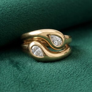 Snake Ring Pair with Teardrop Gemstones, Double Wrap Serpent Ring Set, Unique Toi Et Moi Hugging Ring