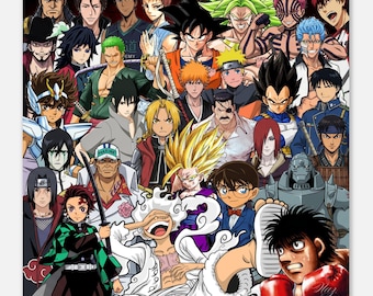 Retro Anime Crossover Collage Poster, Classic Mashup Portrait Kunstdruck, Vintage Manga Decor