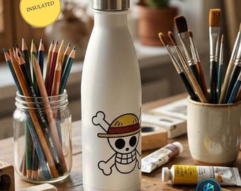 Botella de agua con diseño de calavera de sombrero de paja de anime / Petaca de acero inoxidable de 500 ml, diseño de pirata Jolly Roger