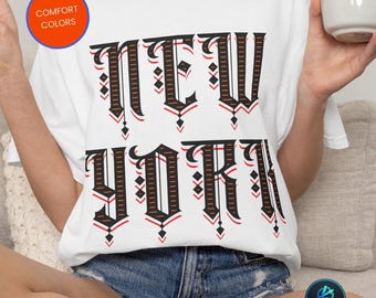 New York Gothic Script Tee, NY Tattoo Graphic Shirt, Old English Text T-Shirt