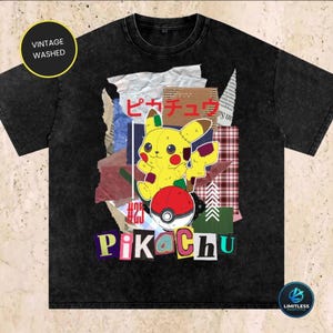 Retro Faux Patchwork Anime Shirt | Vintage Snow Washed Heavyweight Tee | Mixed Media Graphic T-Shirt