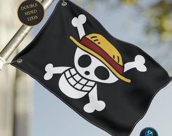 Flaga Jolly Roger z czaszką w stylu retro ze słomkowego kapelusza | Dwustronny baner piracki z anime (12"x18")
