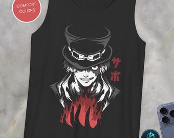 Retro Flame Devil Fruit User Portrait Tank Top | Anime Top Hat Character Graphic Tee