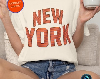 New York Retro Gestreiftes Text T-Shirt, Orange Blau NYC T-Shirt, NY Grafikoberteil