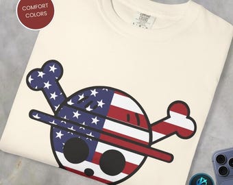 Anime-Piraten-Shirt, Strohhut-Totenkopf-T-Shirt mit der amerikanischen Flagge, Flaggen- und Jolly Roger-Komfortfarben