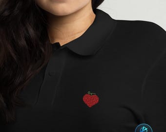 Unisex Pique besticktes Poloshirt, Erdbeerherz-Teufelsfrucht-Oberteil, Piratenanime-T-Shirt