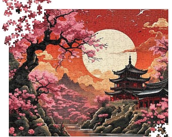 Puzzle, Japanische Rote Sonnenuntergang Landschaft, Kirschblüte Kunst Geschenk