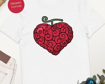 Unisex Bio-Baumwolle Anime T-Shirt, Erdbeer-Herz-Teufel-Frucht-Shirt, Surgeon Pirate Top