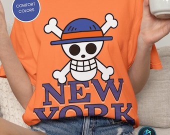 NYC Strohhut Totenkopf Piraten T-Shirt, New York City Flagge Farben Jolly Roger T-Shirt, Anime NY Top
