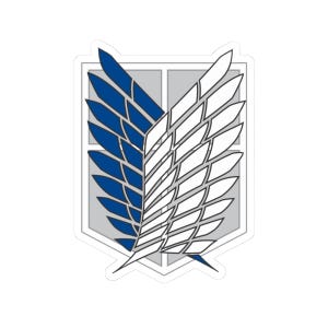 May include: A white sticker featuring the emblem of the Survey Corps from the anime series Attack on Titan. The emblem is a stylized design of wings, with blue and white sections, set against a gray shield.