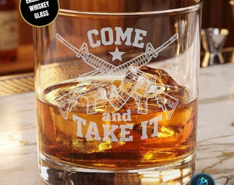 2A Gegraveerd whiskyglas, Come Take It whiskybeker, geëtst Liberty drinkgerei