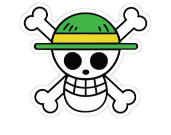 Green Yellow Straw Hat Skull Sticker, Kiss-Cut Vinyl Pirate Jolly Roger, Retro Anime Decal