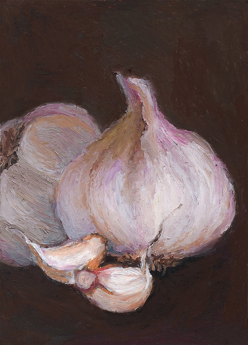 Barnabas BewareA Giclee, Archival, Matted Print of an Original Oil Pastel Painting of Garlic and Garlic Cloves on a Dark Brown Background image 1