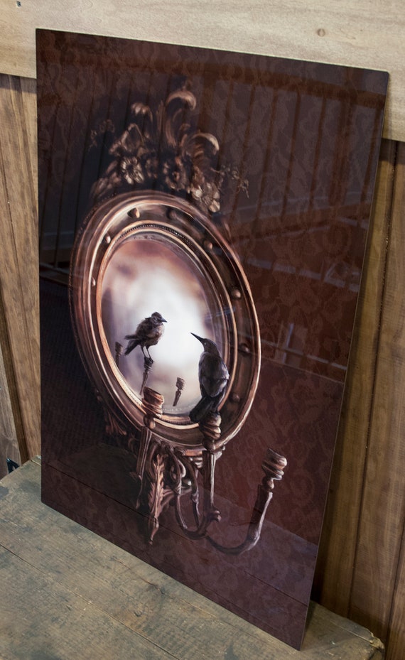 Reflection on Perception A 20 X 30 Illustration of a Black Bird Perched  Upon an Ornate Victorian Mirror 