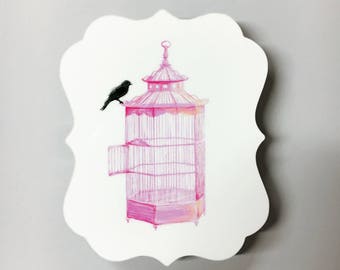 PRETTY smart BIRD-An Illustration of a Black Bird Perched Upon a Pink Birdcage Infused onto a Damask-Shaped High Gloss Metal Plate