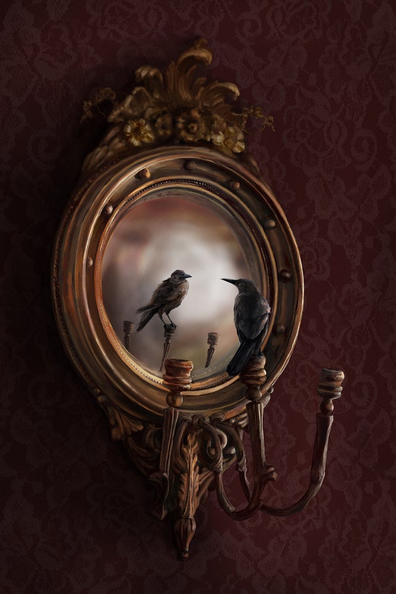 Reflection on Perception A 20 X 30 Illustration of a Black Bird