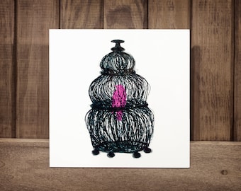 Caged... An illustration of a pink bird in a black bird cage infused onto a high-gloss aluminum 8" square
