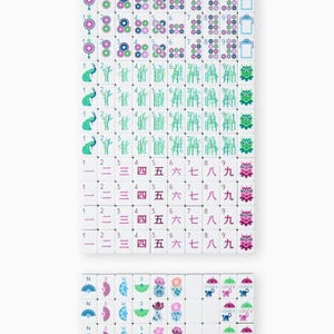 May include: A complete set of white Mahjong tiles with various colorful symbols and numbers. The tiles feature designs such as circles, bamboo stalks, and characters. Some tiles have the word "JOKER" printed on them.