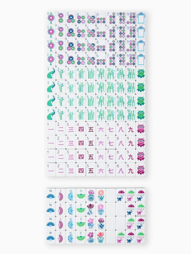 May include: A complete set of white Mahjong tiles with various colorful symbols and numbers. The tiles feature designs such as circles, bamboo stalks, and characters. Some tiles have the word "JOKER" printed on them.