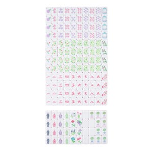 May include: A collection of white Mahjong tiles, arranged in a rectangular pattern. The tiles feature various floral and geometric designs in pink, purple, and green. Some tiles display Chinese numerals. The overall aesthetic is clean and organized.
