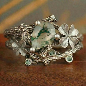 Moss Agate Four Leaf Clover Ring Set | Natural Green Stone Stacking Rings |Pear Cut Branch Ring |  Vintage Boho Engagement Gift for Women