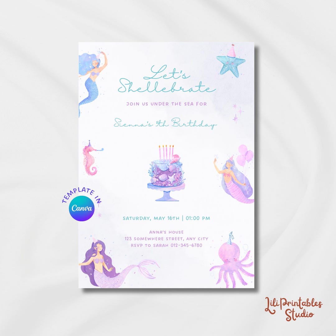 Shellabrate Spring EDITABLE Let's Shellebrate Under the Sea Mermaid Birthday Invitation ...