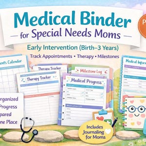 May include: A colourful illustration of a medical binder for special needs mothers. The binder includes sections for appointments, therapy tracking, and milestones. The image also features a stethoscope, a medical kit, and the text "Stay Organized, Track Progress, Be Prepared, All in One Place."