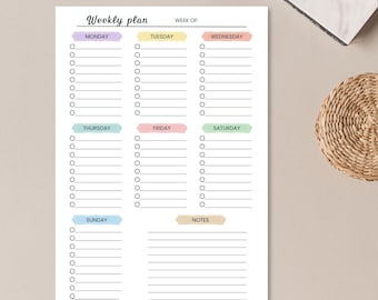 Undatierter Wochenplaner als druckbare PDF-Datei, Start am Montag und Sonntag, A4 & US Letter (digitaler Download)