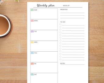 Undatierter Wochenplaner als druckbare PDF-Datei, Start am Montag und Sonntag, A4 & US Letter (digitaler Download)