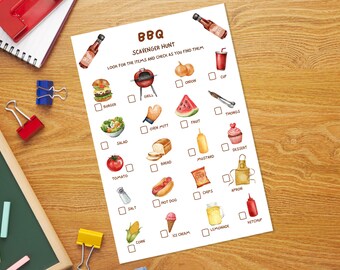 Barbecue scavenger hunt for kids, Printable instant download bbq activity PDF