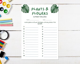 Plants and flowers alphabet game for kids and adults, Printable instant download word challenge