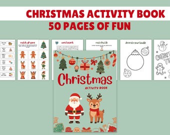 Weihnachtliches Aktivitätsbuch-Paket für Kinder (PDF), 50 ausdruckbare Malvorlagen, Spiele und Rätsel