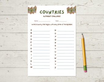 Countries alphabet game for kids and adults, Printable instant download geography word challenge